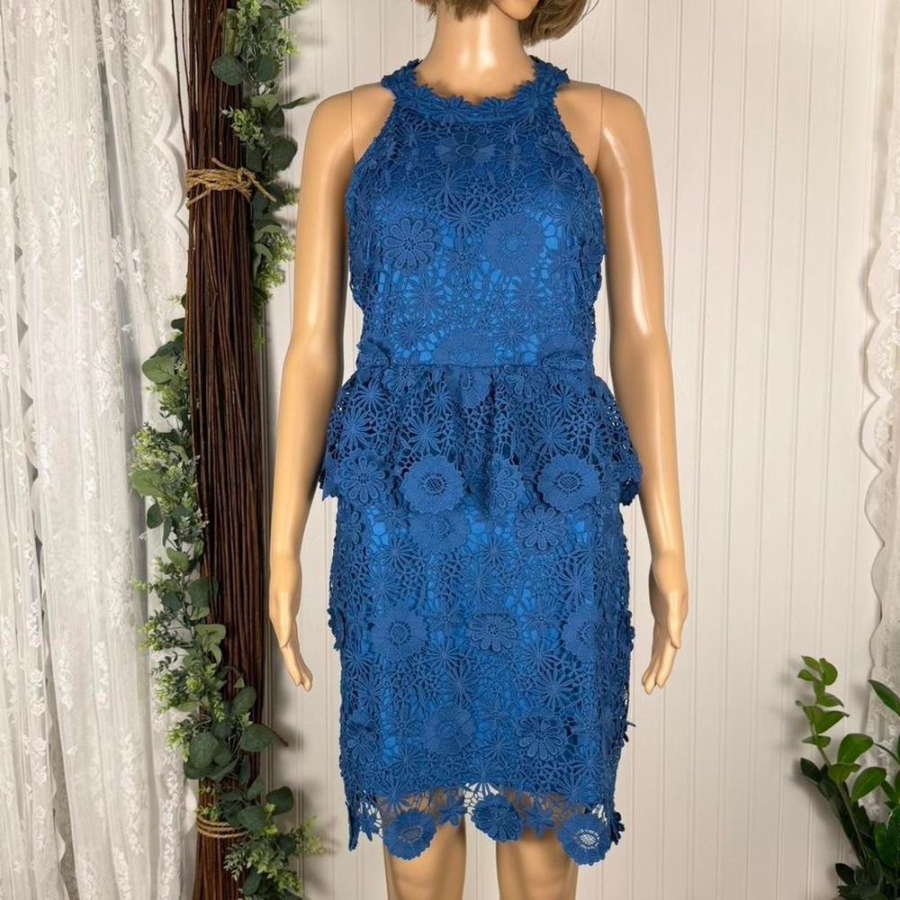 Blue floral lace halter mini dress with textured crochet overlay  Size 8